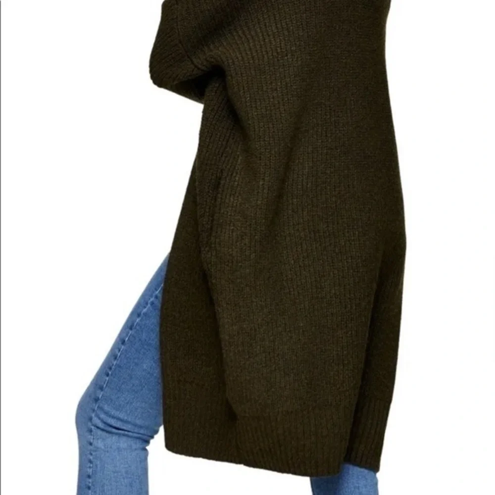Topshop long cardigan sweater women Olive Green Long Ribbed Open Front  Sz 8-10